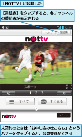 未契約のときは「お申し込みはこちら」というバナーをタップすると、会員登録ができる  ,［NOTTV］が起動した,［番組表］をタップすると、各チャンネルの番組表が表示される        