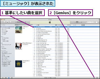 1 基準にしたい曲を選択,2［Genius］をクリック,［ミュージック］が表示された