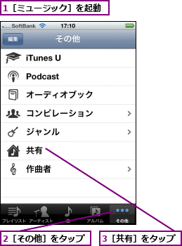 1［ミュージック］を起動,2［その他］をタップ,3［共有］をタップ