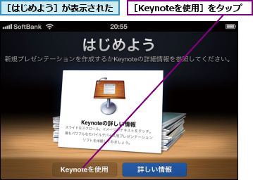 ［Keynoteを使用］をタップ,［はじめよう］が表示された