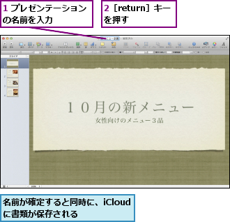 1 プレゼンテーションの名前を入力    ,2［return］キーを押す  ,名前が確定すると同時に、iCloudに書類が保存される