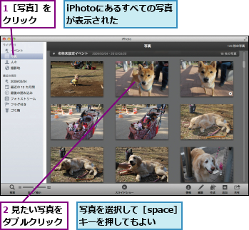 1［写真］をクリック　　,2 見たい写真をダブルクリック,iPhotoにあるすべての写真が表示された　　　,写真を選択して［space］キーを押してもよい