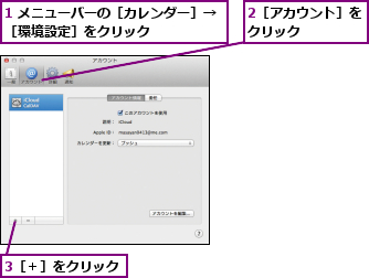 1 メニューバーの［カレンダー］→［環境設定］をクリック      ,2［アカウント］をクリック    ,3［＋］をクリック