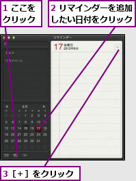 1 ここをクリック,2 リマインダーを追加したい日付をクリック,3［＋］をクリック