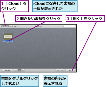 1［iCloud］をクリック,2 開きたい書類をクリック,3［開く］をクリック,iCloudに保存した書類の一覧が表示された,書類の内容が表示される,書類をダブルクリックしてもよい    