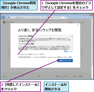 1［Google Chromeを既定のブラウザとして設定する］をチェック   ,2［同意してインストール］をクリック        ,インストールが開始される  ,［Google Chrome利用 規約］が表示された