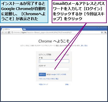 Gmailのメールアドレスとパスワードを入力して［ログイン］をクリックするか［今回はスキップ］をクリック,インストールが完了するとGoogle Chromeが自動的に起動し、［Chromeへよ うこそ］が表示された