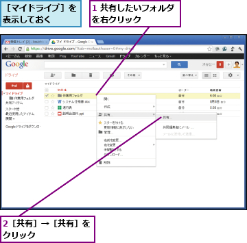 1 共有したいフォルダを右クリック     ,2［共有］→［共有］をクリック      ,［マイドライブ］を表示しておく   