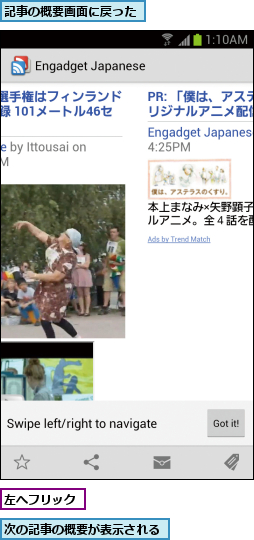 左へフリック,次の記事の概要が表示される,記事の概要画面に戻った