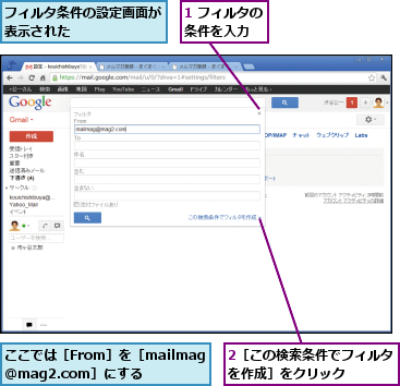 1 フィルタの条件を入力  ,2［この検索条件でフィルタを作成］をクリック    ,ここでは［From］を［mailmag@mag2.com］にする,フィルタ条件の設定画面が表示された      