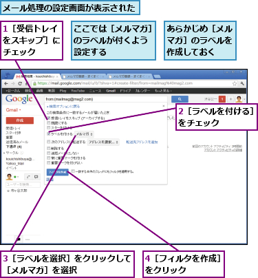 1［受信トレイをスキップ］にチェック,2［ラベルを付ける］をチェック     ,3［ラベルを選択］をクリックして［メルマガ］を選択       ,4［フィルタを作成］をクリック     ,あらかじめ［メルマガ］のラベルを作成しておく,ここでは［メルマガ］のラベルが付くよう 設定する,メール処理の設定画面が表示された