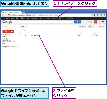 1［ドライブ］をクリック,2 ファイルをクリック  ,Gmailの画面を表示しておく,Googleドライブに移動したファイルが表示された