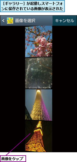 画像をタップ,［ギャラリー］が起動しスマートフォンに保存されている画像が表示された