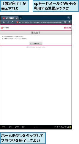 spモードメールでWi-Fiを利用する準備ができた,ホームボタンをタップしてブラウザを終了してよい,［設定完了］が表示された  