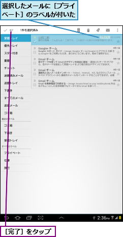 選択したメールに［プライベート］のラベルが付いた,［完了］をタップ
