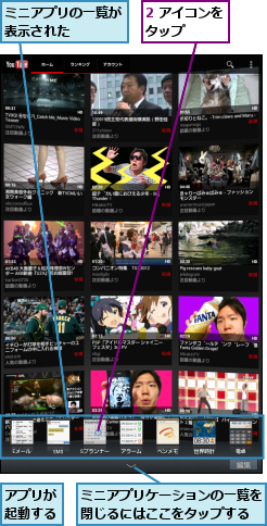 2 アイコンをタップ　　　,アプリが起動する,ミニアプリの一覧が表示された　　　,ミニアプリケーションの一覧を閉じるにはここをタップする