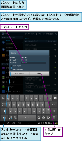 1 パスワードを入力,2［接続］をタップ  ,パスワードが設定されていないWi-Fiネットワークの場合は、この画面は表示されず、自動的に接続される      ,パスワードの入力画面が表示された,入力したパスワードを確認したいときは［パスワードを表示］をチェックする