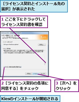 1 ここを下にドラッグしてライセンス契約書を確認  ,2［ライセンス契約の条項に同意する］をチェック  ,3［次へ］をクリック  ,Kiesのインストールが開始される,［ライセンス契約とインストール先の選択］が表示された        