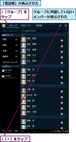 1［グループ］をタップ    ,2［＋］をタップ,グループに所属していないメンバーが表示された  ,［電話帳］が表示された