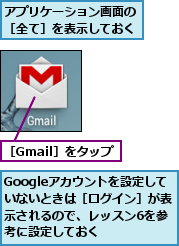 Googleアカウントを設定して いないときは［ログイン］が表示されるので、レッスン6を参考に設定しておく,アプリケーション画面の［全て］を表示しておく,［Gmail］をタップ
