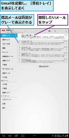 Gmailを起動し、［受信トレイ］を表示しておく      ,既読メールは背景がグレーで表示される,閲覧したいメールをタップ   