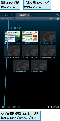 タブを切り替えるには、切り替えたいタブをタップする,新しいタブが表示された,［よく見るページ］ が表示された   