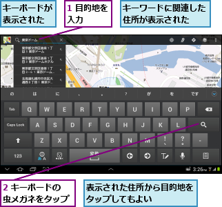 1 目的地を入力    ,2 キーボードの虫メガネをタップ,キーボードが表示された,キーワードに関連した住所が表示された  ,表示された住所から目的地をタップしてもよい    