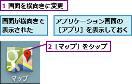 1 画面を横向きに変更,2［マップ］をタップ,アプリケーション画面の　［アプリ］を表示しておく          ,画面が横向きで表示された  