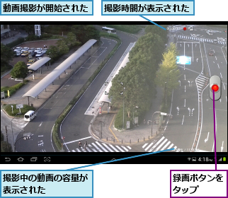 動画撮影が開始された,撮影中の動画の容量が表示された    ,撮影時間が表示された,録画ボタンをタップ  