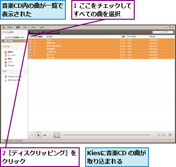 1 ここをチェックしてすべての曲を選択  ,2［ディスクリッピング］をクリック        ,Kiesに音楽CD の曲が取り込まれる,音楽CD内の曲が一覧で表示された    