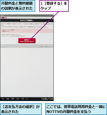 1［登録する］をタップ    ,ここでは、携帯電話利用料金と一緒にNOTTVの月額料金を支払う  ,月額料金と無料期間の説明が表示された,［お支払方法の選択］が表示された      