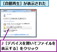 2［デバイスを開いてファイルを表示する］をクリック    ,［自動再生］が表示された
