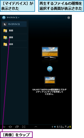 再生するファイルの種類を選択する画面が表示された,［マイデバイス］が表示された    ,［画像］をタップ