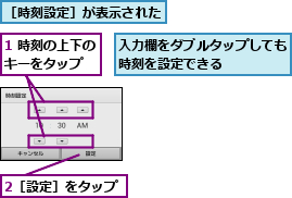1 時刻の上下のキーをタップ  ,2［設定］をタップ,入力欄をダブルタップしても時刻を設定できる    ,［時刻設定］が表示された