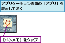 アプリケーション画面の［アプリ］を表示しておく          ,［ペンメモ］をタップ