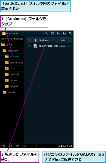 1［Business］フォルダをタップ    ,2 転送したファイルを確認        ,パソコンのファイルをGALAXY Tab 7.7 Plusに転送できた,［extSdCard］フォルダ内のファイルが 表示された          