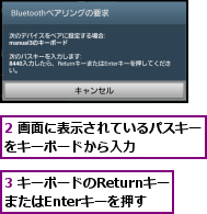 2 画面に表示されているパスキーをキーボードから入力      ,3 キーボードのReturnキー、またはEnterキーを押す