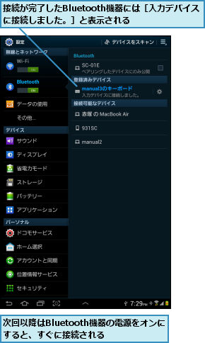 接続が完了したBluetooth機器には［入力デバイスに接続しました。］と表示される    ,次回以降はBluetooth機器の電源をオンにすると、すぐに接続される  