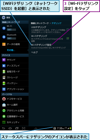 3［Wi-Fiテザリング設定］をタップ,ステータスバーにテザリングのアイコンが表示された,［WiFiテザリ ング（ネットワークSSID）を起動］と表示された