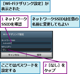 1 ネットワークSSIDを確認,2［なし］をタップ  ,ここではパスワードを設定する      ,ネットワークSSIDは任意の名前に変更してもよい  ,［Wi-Fiテザリング設定］が表示された      