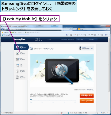 SamsungDiveにログインし、［携帯端末のトラッキング］を表示しておく,［Lock My Mobile］をクリック