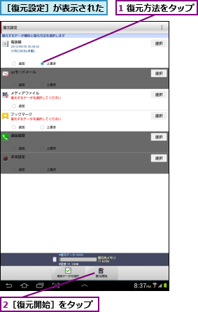 1 復元方法をタップ,2［復元開始］をタップ,［復元設定］が表示された