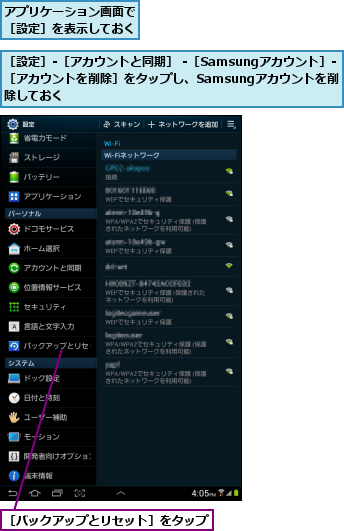アプリケーション画面で［設定］を表示しておく,［バックアップとリセット］をタップ,［設定］-［アカウントと同期］ -［Samsungアカウント］- ［アカウントを削除］をタップし、Samsungアカウントを削   除しておく