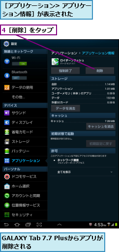 4［削除］をタップ,GALAXY Tab 7.7 Plusからアプリが削除される       ,［アプリケーション> アプリケーション情報］が表示された    