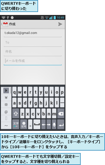 10キーキーボードに切り替えたいときは、音声入力／キーボードタイプ／逆順キーをロングタッチし、［キーボードタイプ］から［10キーキーボード］をタップする,QWERTYキーボードでも文字種切替／設定キーをタップすると、文字種を切り替えられる,QWERTYキーボードに切り替わった