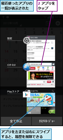2 アプリをタップ  ,アプリを左または右にスワイプすると、履歴を削除できる  ,最近使ったアプリの一覧が表示された