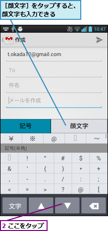 2 ここをタップ,［顔文字］をタップすると、顔文字も入力できる    
