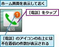 ホーム画面を表示しておく,［電話］のアイコンの右上には不在着信の件数が表示される,［電話］をタップ