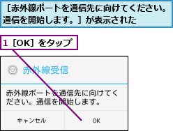 1［OK］をタップ,［赤外線ポートを通信先に向けてください。通信を開始します。］が表示された    
