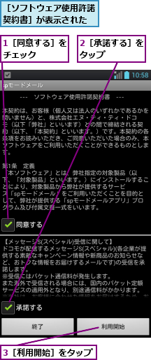 1［同意する］をチェック    ,2［承諾する］をタップ    ,3［利用開始］をタップ    ,［ソフトウェア使用許諾契約書］が表示された